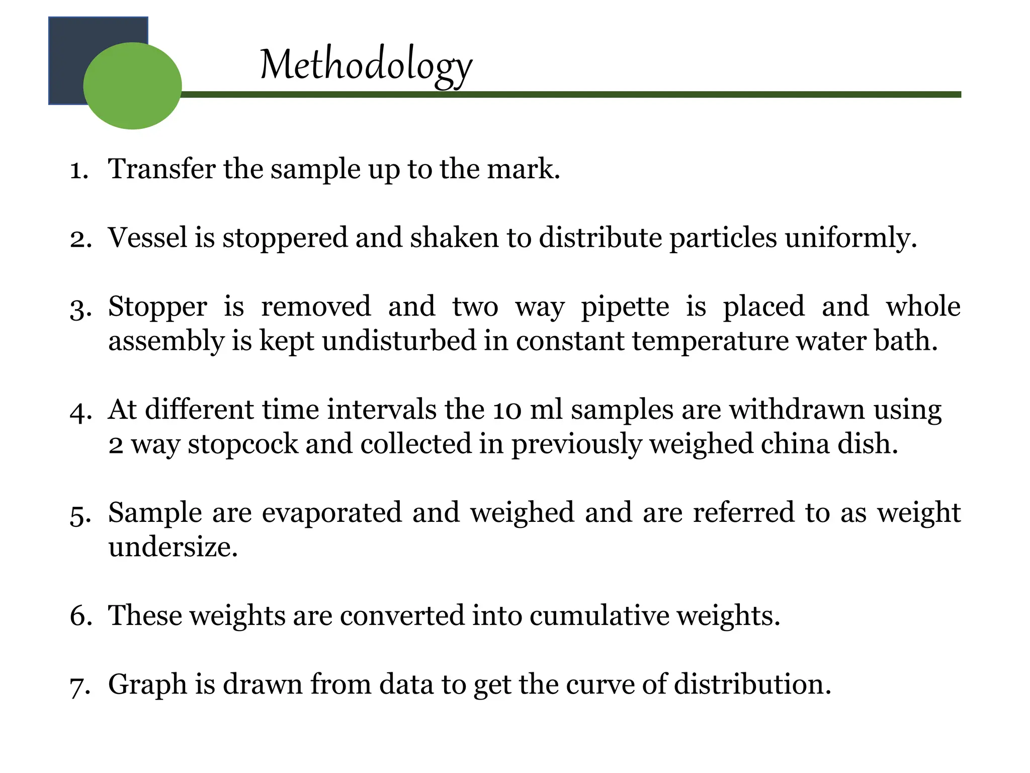 Methodology
1. Transfer the sample up to the mark.
2. Vessel is stoppered and shaken to distribute particles uniformly.
3. Stopper is removed and two way pipette is placed and whole
assembly is kept undisturbed in constant temperature water bath.
4. At different time intervals the 10 ml samples are withdrawn using
2 way stopcock and collected in previously weighed china dish.
5. Sample are evaporated and weighed and are referred to as weight
undersize.
6. These weights are converted into cumulative weights.
7. Graph is drawn from data to get the curve of distribution.
 