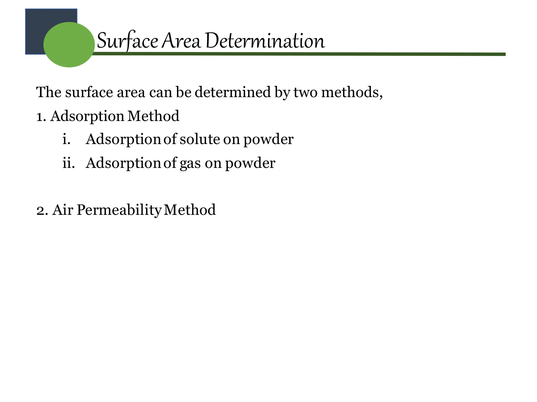 SurfaceAreaDetermination
The surface area can be determined by two methods,
1. Adsorption Method
i. Adsorptionof solute on powder
ii. Adsorptionof gas on powder
2. Air PermeabilityMethod
 
