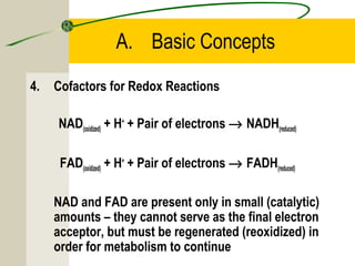 A. Basic Concepts
4. Cofactors for Redox Reactions
NAD(oxidized) + H+
+ Pair of electrons → NADH(reduced)
FAD(oxidized) + H+
+ Pair of electrons → FADH(reduced)
NAD and FAD are present only in small (catalytic)
amounts – they cannot serve as the final electron
acceptor, but must be regenerated (reoxidized) in
order for metabolism to continue
 