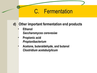 C. Fermentation
d) Other important fermentation end products
• Ethanol
Saccharomyces cerevesiae
• Propionic acid
Propionibacterium
• Acetone, buteraldehyde, and butanol
Clostridium acetobutylicum
 