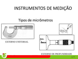 INSTRUMENTOS DE MEDIÇÃO
Tipos de micrômetros
EXTERNO UNIVERSAL
EXTERNO DE PROFUNDIDADE
 