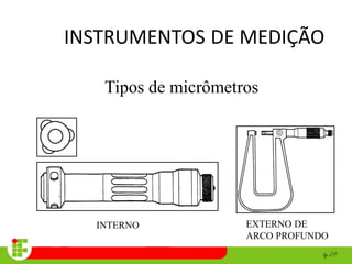 INSTRUMENTOS DE MEDIÇÃO
Tipos de micrômetros
INTERNO EXTERNO DE
ARCO PROFUNDO
 