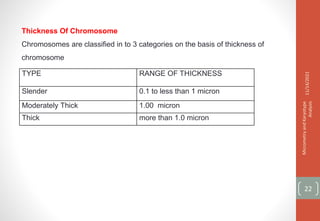 Thickness Of Chromosome
Chromosomes are classified in to 3 categories on the basis of thickness of
chromosome
TYPE RANGE OF THICKNESS
Slender 0.1 to less than 1 micron
Moderately Thick 1.00 micron
Thick more than 1.0 micron
11/14/2021
Micrometry
and
Karyotype
Analysis
22
 