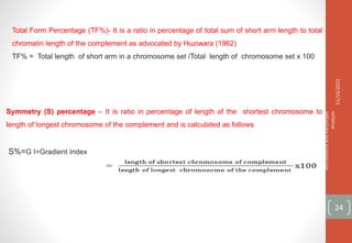 Symmetry (S) percentage – It is ratio in percentage of length of the shortest chromosome to
length of longest chromosome of the complement and is calculated as follows
S%=G I=Gradient Index
Total Form Percentage (TF%)- It is a ratio in percentage of total sum of short arm length to total
chromatin length of the complement as advocated by Huziwara (1962)
TF% = Total length of short arm in a chromosome set /Total length of chromosome set x 100
11/14/2021
Micrometry
and
Karyotype
Analysis
24
 