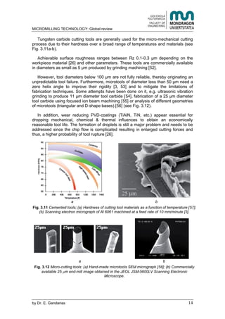 MICROMILLING TECHNOLOGY: Global review
by E. Gandarias 14
Tungsten carbide cutting tools are generally used for the micro-mechanical cutting
process due to their hardness over a broad range of temperatures and materials (see
Fig. 3.11a-b).
Achievable surface roughness ranges between Rz 0.1- on the
workpiece material [26] and other parameters. These tools are commercially available
in diameters as small as 5 produced by grinding machining [52].
However, tool diameters below 100 are not fully reliable, thereby originating an
unpredictable tool failure. Furthermore, microtools of diameter less than 50 need a
zero helix angle to improve their rigidity [3, 53] and to mitigate the limitations of
fabrication techniques. Some attempts have been done on it, e.g. ultrasonic vibration
grinding to produce 11 diameter tool carbide [54], fabrication of a 25 diameter
tool carbide using focused ion beam machining [55] or analysis of different geometries
of microtools (triangular and D-shape bases) [56] (see Fig. 3.12).
In addition, wear reducing PVD-coatings (TiAlN, TiN, etc.) appear essential for
dropping mechanical, chemical & thermal influences to obtain an economically
reasonable tool life. The formation of droplets is still a major problem and needs to be
addressed since the chip flow is complicated resulting in enlarged cutting forces and
thus, a higher probability of tool rupture [26].
a b
Fig. 3.11 Cemented tools; (a) Hardness of cutting tool materials as a function of temperature [57];
(b) Scanning electron micrograph of Al 6061 machined at a feed rate of 10 mm/minute [3].
a b
Fig. 3.12 Micro-cutting tools: (a) Hand-made microtools SEM micrograph [58]; (b) Commercially
available 25 m end-mill image obtained in the JEOL JSM-5600LV Scanning Electronic
Microscope.
 