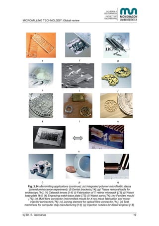 MICROMILLING TECHNOLOGY: Global review
by E. Gandarias 19
e f g
h i j
k l m
n
o p q
Fig. 3.14 Micromilling applications (continue): (e) Integrated polymer microfluidic stacks
(chemiluminiscence experiment); (f) Dental brackets [14]; (g) Tissue removal tools for
endoscopy [14]; (h) Cataract lenses [14]; (i) Fabrication of Ti retinal microtack [72]; (j) Watch
base plate [14]; (k) Engraving watch base plate [73]; (l) Watch parts [74]; (m) Pendant mould
[75]; (n) Multi-fibre connector (micromilled mould for X-ray mask fabrication and micro-
injected connector) [76]; (o) Joining element for optical fibre connector [14]; (p) Test
membrane for computer chip manufacturing [14]; (q) Injection nozzles for diesel engines [14].
 