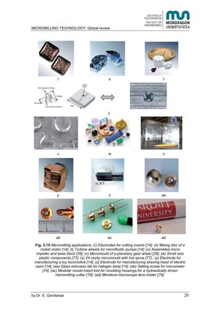 MICROMILLING TECHNOLOGY: Global review
by E. Gandarias 20
r s t
u
v w x
y z aa
ab ac ad
Fig. 3.15 Micromilling applications: (r) Electrodes for cutting inserts [14]; (s) Mixing disc of a
rocket motor [14]; (t) Turbine wheels for microfluidic pumps [14]; (u) Assembled micro
impeller and base block [38]; (v) Micromould of a planetary gear wheel [26]; (w) Small size
plastic components [77]; (x) 24 cavity micromould with hot sprue [77] ; (y) Electrode for
manufacturing a toy locomotive [14]; (z) Electrode for manufacturing shaving head of electric
razor [14]; (aa) Glass extrusion die for halogen lamp [14]; (ab) Setting screw for micrometer
[14]; (ac) Modular mould insert tool for moulding housings for a hydraulically driven
micromilling cutter [78]; (ad) Miniature microscope lens holder [79].
 