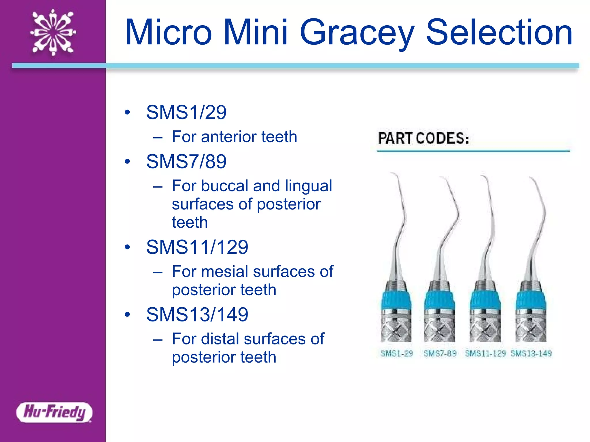 Micro Mini Gracey Selection SMS1/29 For anterior teeth SMS7/89 For buccal and lingual surfaces of posterior teeth SMS11/129 For mesial surfaces of posterior teeth SMS13/149 For distal surfaces of posterior teeth 