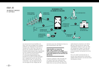 • 21 •
Les services de micromobilités ont
donc choisi de privilégier des modèles
d’affaires qui réduisent les barrières à
l’entrée et les coûts fixes. Cela leur a
permis de conquérir rapidement une
clientèle enthousiaste et peu regardante
sur les conditions de fonctionnement
des services qu’ils empruntent.
La zone grise réglementaire dans
laquelle se trouvent les EDP partagés
leur a également permis de lancer
leurs services avec un minimum de
contraintes : peu de réglementation
sur les engins et leur usage, peu de
sanctions pour les utilisateurs et peu ou
pas d’autorisation des villes.
Cette facilité a un revers de
taille : elle a soulevé une vague
d’incompréhension puis d’indignation
à peu près partout où ces services ont
été lancés.
L’opinion publique a été choquée par
ce “laisser-faire” peu habituel dans
le domaine des services urbains. Aux
États-Unis où nous sommes allés pour
cette étude, les réactions ont même
été plus vives encore en raison des
“précédents” d’Uber et Lyft. Les villes
ont rapidement réagi à l’arrivée des
trottinettes et vélos en libre service
en les encadrant strictement et en les
taxant.
Car, si le volet “commercial” est un
succès, tout reste encore à faire pour
intégrer efficacement ces services dans
l’écosystème urbain.
CHAP. #2
UN MARCHÉ IMMENSE
ET CAPTABLE
15marches • 2019
Micromobilités :
la chaîne de valeurs
utilisateur/ices
Fournisseur
de services
de mobilité
Chargeurs
opérateurs
maintenance
 réparation
Fournisseur
Distributeur
d’énergie
Fournisseur
de batteries
fabriquant
d’engins
GPS
4G
Banque
IT
€
Redevances
Autorisations
MAIRIE
€
€
€
€
€
 