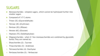 SUGARS
 Monosaccharides : simplest sugars, which cannot be hydrolysed further into
smaller sugars
 Composed of 3-7 C atoms
1. Triose (3C) (Glyceraldehyde)
2. Tetrose (4C) (Erythrose)
3. Pentose (5C) (Ribose)
4. Hexose (6C) (Glucose)
5. Heptose (7C) (Sedoheptulose)
 Oligosaccharides : when 2/ few monosaccharides are combined by glycosidic
bonds.They are named as:
1. Disaccharides (2) : Sucrose
2. Trisaccharides (3) : Arabinose
3. Tetrasaccharides (4) :Stachyose
4. Pentasaccharides (5) : Verbascose
 