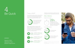 That’s why consumers expect your mobile site and app
to indulge their need for speed by being quick and easy.
Why it Matters
If speed thrills, friction kills.
“I want it NOW.”
That sounds like something a toddler in the terrible twos
would say, but it’s also what today’s consumers are
saying. They want immediate gratification, and they’re
making decisions faster than ever before. In fact,
Mobile created and enables this behavior change.
Whether smartphone users are looking for local
businesses, researching a product or service, or looking
for instructions, not only do they have heightened
expectations for speed in general, they also are often
in a hurry to accomplish their tasks.
of online users say that thanks
to online research, they make
purchase decisions more
quickly now than they did
a few years ago.39
17
39. Consumers in the Micro-Moment, Wave 2, Google/Ipsos, U.S., May 2015, n=1,005, based
on internet users.
40-45. Consumers in the Micro-Moment, Wave 3, Google/Ipsos, U.S., August 2015, n=1,291
online smartphone users 18+.
60%
are always or usually in a hurry
searching for a local business
on their smartphone.40
are always or usually in a hurry
while looking for instructions
on their smartphone.41
40%
are always or usually in a hurry
while buying something
on their smartphone.42
28%
1/3
more than
In fact, of those who switch,
do so because it takes
too long to load.4470%
will switch if it takes too many
steps to purchase or get
desired information.45
67%
of smartphone users will
immediately switch to another
site or app if it doesn’t satisfy their
needs (for example, they can’t find
information or it’s too slow).43
29%
Be Quick
Speed is Key:
Optimize Your
Mobile Experience
4
 