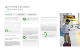 Three Ways to be Quick:
1. Eliminate Steps
Think about the goal of your mobile site or app: are
you trying to drive engagement, mobile commerce,
registrations, calls, or visits? Start with that goal and
think about how you can cut the number of steps a user
must take to reach it.
Progressive Insurance anticipated that filing a claim
on mobile was a need for their consumers, but realized
people were dropping out early in their 24-step claim
filing process. With creativity and teamwork,
Progressive reduced the mobile claim process down
to just five screens.
Here are some ways to eliminate steps:
Implement One-Click Functionality
One-click functionality is the fastest way to streamline
mobile sales or registration.
Rue La La recently realized that 40% of its revenue
was coming from mobile (and Android users made up
a growing portion of this base), the company added
Google Wallet Instant Buy to their app to create a two-
click checkout experience.
Today, Rue La La app users are
4X more likely to convert than
other Android shoppers.
4X
The result was a remarkable
seven-fold increase in claim
submissions and a 35% rise in
the start-to-finish rate for claim
submissions in the app.
7X
Help the User Fill in Forms
Take a page out of the digital marketing history
books and use analytics data to optimize form fills.
1800-CONTACTS wanted customers to easily and
quickly order contacts on the go. In just four months,
they built a mobile site with useful drop-down menus
that limit the need for extensive typing on smaller
screens, convenient options, like click-to-call for one-
click ordering, and touchable content for selecting
products simply by tapping them.
and conversions on the mobile site—defined as
orders—has increased 24%, making the investment
in a fast and functional mobile site well worthwhile.
Learn more.
The percentage of sales from
smartphone users has tripled
since the mobile site launched.
3X
Provide Alternatives to Finish the Transaction
Cut steps using the native functionality of the phone:
make product pages or videos easy to share across
devices, offer GPS-powered driving directions, and
display click-to-call buttons.
Fashion discounter Beyond the Rack was faced
with low mobile conversion rates for its online store.
But instead of accepting the lesser results, the brand
switched the primary goal of its mobile site from a full
transaction to a simpler aim: an email capture. Now
customers who register on mobile, but buy on desktop
after receiving an email, are credited as mobile buyers.
By facilitating this kind of
organic cross-device shopping
behavior, Beyond the Rack grew
its mobile-driven revenues to
50% of total revenues.
50%
18
1. Eliminate Steps 2. Anticipate Needs 3. Load like Lightning
 