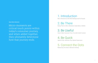 About Micro-Moments
Micro-moments are
critical touch points within
today’s consumer journey,
and when added together,
they ultimately determine
how that journey ends.
1. Introduction
Micro-Moments as the New Battleground for Brands
2. Be There
Being There in Micro-Moments, Especially on Mobile
3. Be Useful
How to Beat Consumer Tune-Out with Useful Content
4. Be Quick
Speed is Key: Optimize Your Mobile Experience
5. Connect the Dots
Measuring Your Micro-Moment Strategy
2
 