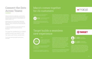 Does your company have a digital team, a call center team,
a brand team, and local and store merchandising teams? Do
they all have different incentives? For many companies, the
awkward answer is, “Yes.”
Awkward because micro-moments aren’t a “performance
thing,” and they’re not a brand thing. They’re not even just a
digital thing. They’re a consumer thing, and that makes them
everyone’s job.
To create closer collaboration, you may need to rethink how
your teams are organized, where they sit, and how
they interact.
To improve marketing in today’s
mobile world, you have to nix
the silos and unite incentives.
This will make measuring the whole consumer journey
much easier.
26
Connect the Dots
Across Teams
What would you do if you learned that your
multi-channel customers were worth
That’s what Macy’s learned recently, and its
leadership decided to bring online and in-store
marketing together.
Macy’s comes together
for its customers
Macy’s began with a pilot test in its social dresses
category, combining the online and offline silos into
a unified team with one goal: to win sales. “We put
their stock ledgers together; we put their on-order
files together, so they had complete clarity of vision
and a single view of the inventory. And then told
them, ‘Go forth and run your business,’” said R.B.
Harrison, Chief Omnichannel Officer for Macy’s.
“And we got incredible results.”
The results were so good that in 2015, Macy’s
announced a formal reorganization of all its
categories and of its marketing and merchandising
teams. “With the digital and offline teams united
behind one goal, they could stop fighting over the
customer and start fighting for the customer’s
needs,” said Harrison.
8X more than those who shop
in just one channel?
and online teams and said, “This is now the patio
organization.” The new digital-first group curates
its online and in-store assortments for maximum
shopper ease and impact. In-store signs direct
shoppers to Target.com for other furniture
models. In-store employees get credit for online
sales in their area, so they’re happy to drive sales
through mobile. Even the group’s data assets
were revamped to create a common view of each
customer across devices and channels.
The test was a success, and Target has expanded it
across the company. Multichannel guests are now
Target’s most valuable customers, making
“There’s no longer a delineation between how our
guests live life and how they shop,” says Casey Carl,
Target’s Chief Strategy and Innovation Officer. “They
want to flow seamlessly across all of our channels,
from desktop to mobile to our stores and everything
in between, and so we’ve got to make that happen
by having the right underlying architecture.”
Target builds a seamless
new experience
As a result, Target has made significant changes
to the way they work to reach consumers in
micro-moments.
In its patio furniture category, for instance, the
company brought together its separate in-store
Today,
of Target’s customers shop
digitally, and three-quarters
of them start their experience
on a mobile device.
98% 3.2Xmore sales than
store-only shoppers
2.9Xmore visits to
Target properties
 