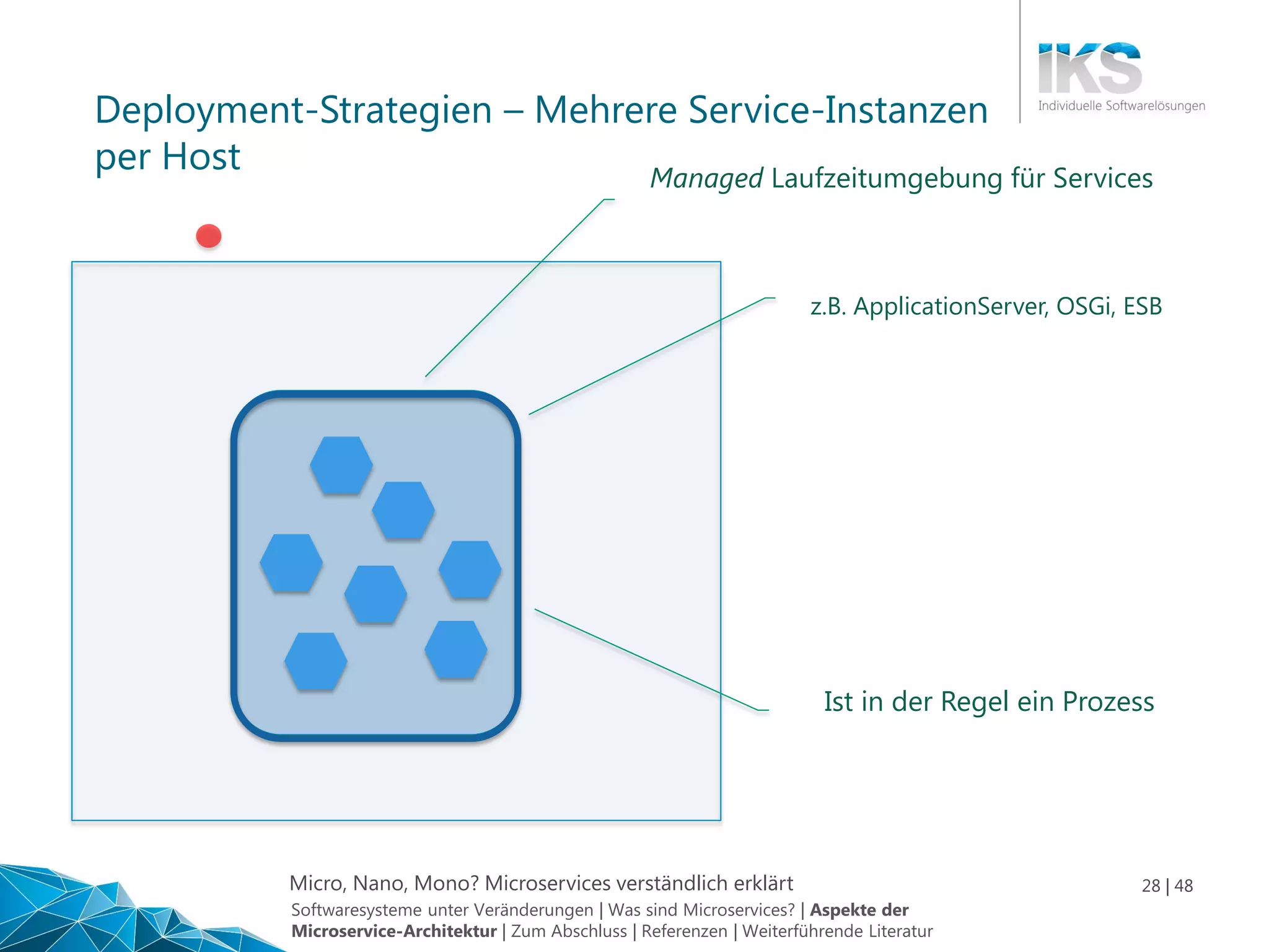 Micro, Nano, Mono? Microservices verständlich erklärt 28 | 48
Deployment-Strategien – Mehrere Service-Instanzen
per Host Managed Laufzeitumgebung für Services
Ist in der Regel ein Prozess
z.B. ApplicationServer, OSGi, ESB
Softwaresysteme unter Veränderungen | Was sind Microservices? | Aspekte der
Microservice-Architektur | Zum Abschluss | Referenzen | Weiterführende Literatur
 