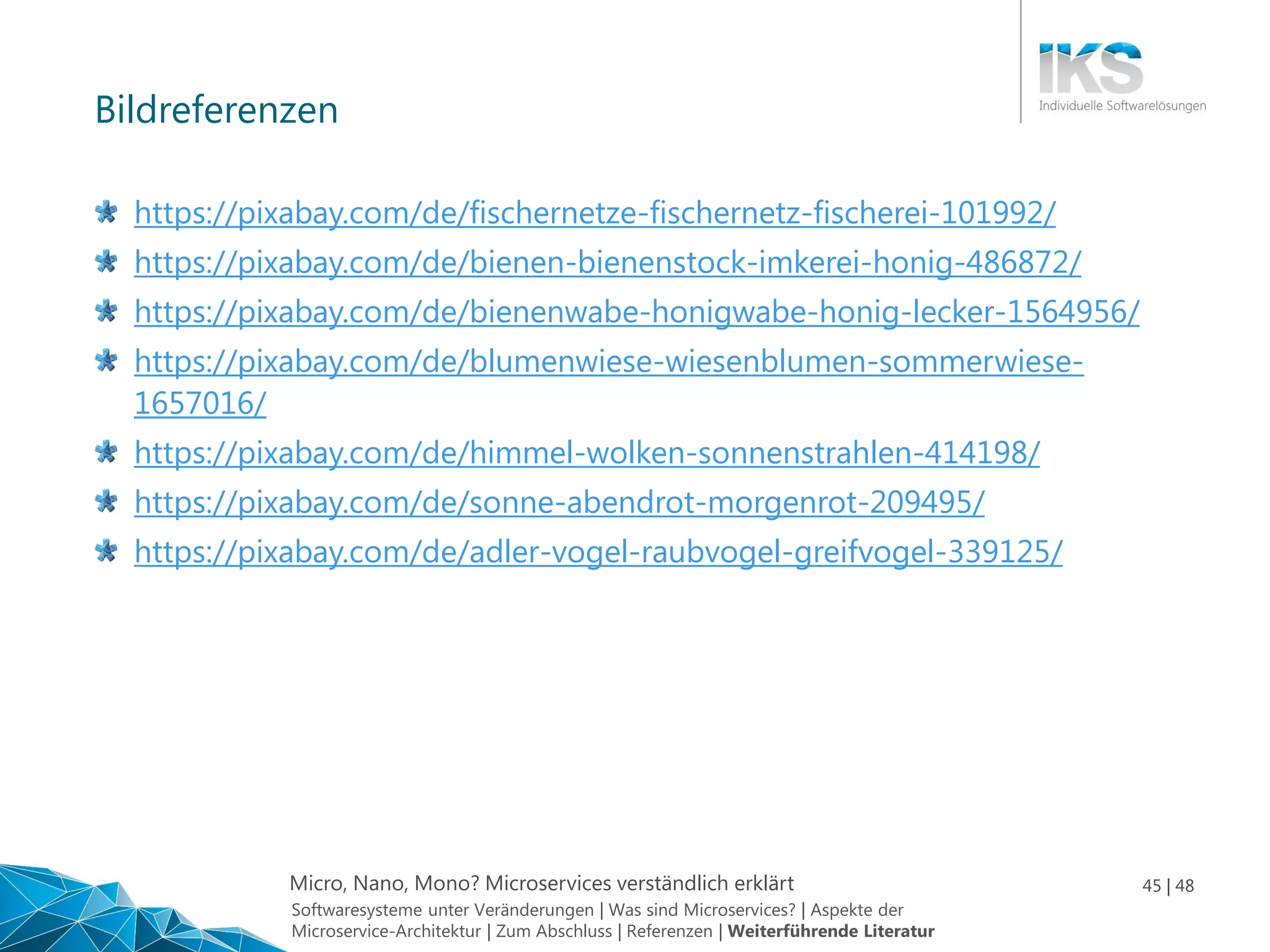 Micro, Nano, Mono? Microservices verständlich erklärt 45 | 48
Bildreferenzen
https://pixabay.com/de/fischernetze-fischernetz-fischerei-101992/
https://pixabay.com/de/bienen-bienenstock-imkerei-honig-486872/
https://pixabay.com/de/bienenwabe-honigwabe-honig-lecker-1564956/
https://pixabay.com/de/blumenwiese-wiesenblumen-sommerwiese-
1657016/
https://pixabay.com/de/himmel-wolken-sonnenstrahlen-414198/
https://pixabay.com/de/sonne-abendrot-morgenrot-209495/
https://pixabay.com/de/adler-vogel-raubvogel-greifvogel-339125/
Softwaresysteme unter Veränderungen | Was sind Microservices? | Aspekte der
Microservice-Architektur | Zum Abschluss | Referenzen | Weiterführende Literatur
 