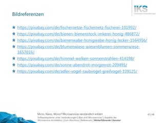 Micro, Nano, Mono? Microservices verständlich erklärt 45 | 48
Bildreferenzen
https://pixabay.com/de/fischernetze-fischernetz-fischerei-101992/
https://pixabay.com/de/bienen-bienenstock-imkerei-honig-486872/
https://pixabay.com/de/bienenwabe-honigwabe-honig-lecker-1564956/
https://pixabay.com/de/blumenwiese-wiesenblumen-sommerwiese-
1657016/
https://pixabay.com/de/himmel-wolken-sonnenstrahlen-414198/
https://pixabay.com/de/sonne-abendrot-morgenrot-209495/
https://pixabay.com/de/adler-vogel-raubvogel-greifvogel-339125/
Softwaresysteme unter Veränderungen | Was sind Microservices? | Aspekte der
Microservice-Architektur | Zum Abschluss | Referenzen | Weiterführende Literatur
 