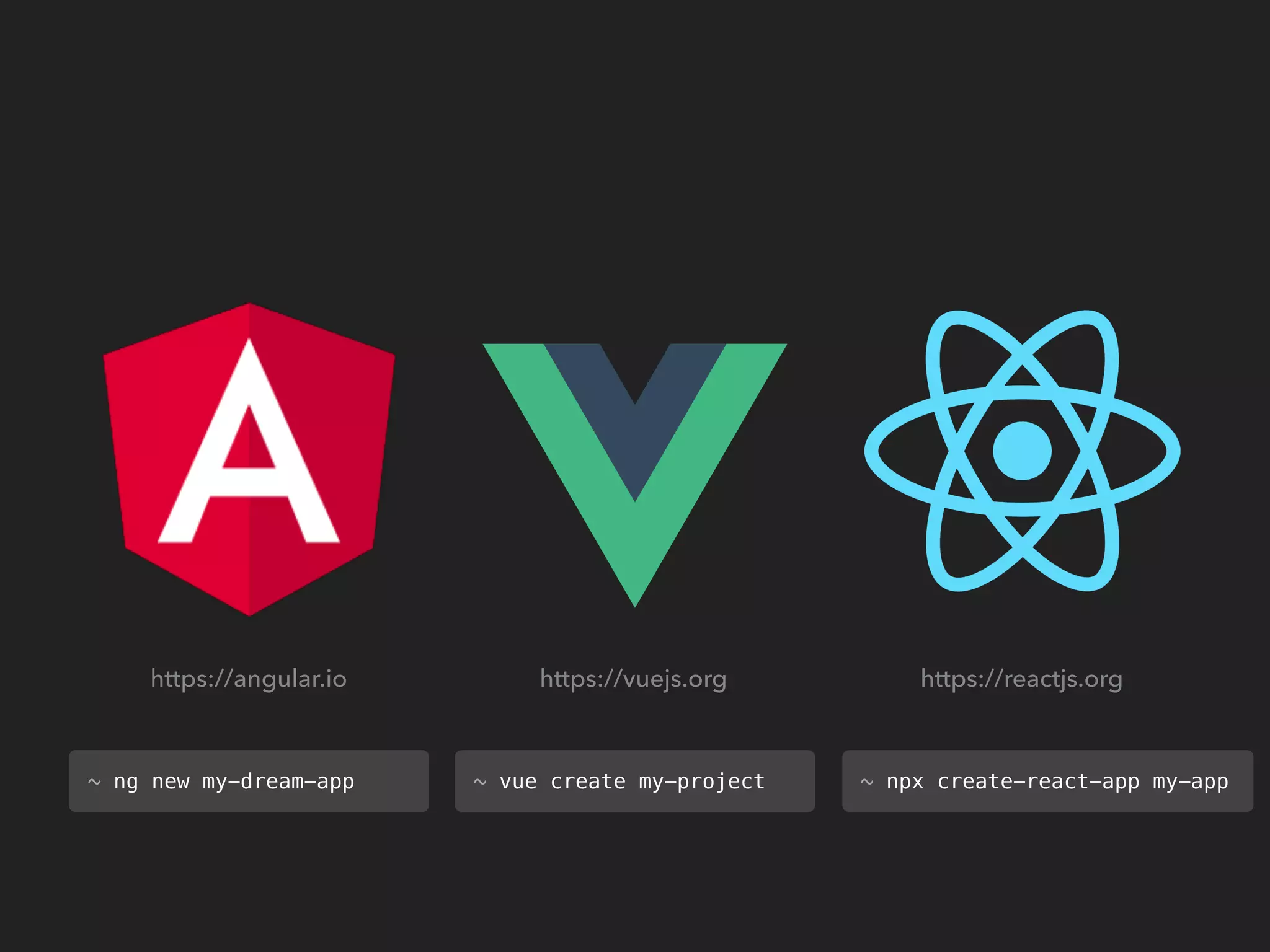 https://angular.io https://vuejs.org https://reactjs.org
~ vue create my-project~ ng new my-dream-app ~ npx create-react-app my-app
 
