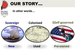 OUR STORY… 
In other words… 
Sovereign 
Colonized $$elf-governed 
New Used Pre-owned 
 
