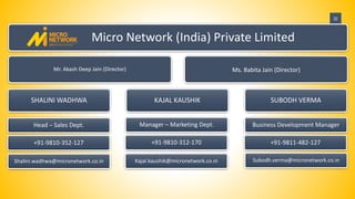 32
Micro Network (India) Private Limited
Mr. Akash Deep Jain (Director) Ms. Babita Jain (Director)
SHALINI WADHWA KAJAL KAUSHIK SUBODH VERMA
Head – Sales Dept.
+91-9810-352-127
Shalini.wadhwa@micronetwork.co.in
Manager – Marketing Dept.
+91-9810-312-170
Kajal.kaushik@micronetwork.co.in
Business Development Manager
+91-9811-482-127
Subodh.verma@micronetwork.co.in
 