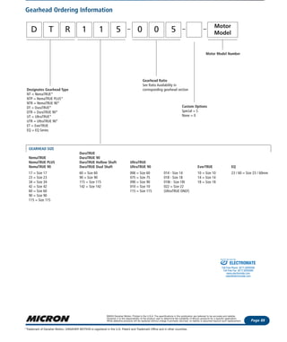 Gearhead Ordering Information
How To Order
Page 89
©2003 Danaher Motion. Printed in the U.S.A. The specifications in this publication are believed to be accurate and reliable.
However, it is the responsibility of the product user to determine the suitability of Micron products for a specific application.
While defective products will be replaced without charge if promptly returned, no liability is assumed beyond such replacement.
Trademark of Danaher Motion. DANAHER MOTION is registered in the U.S. Patent and Trademark Office and in other countries.*
Phone: 1-800-554-8466
Website: www.microngearheads.com
D T R 1 1 5 0 0 5 Motor
Model
Designates Gearhead Type
NT = NemaTRUE*
NTP = NemaTRUE PLUS*
NTR = NemaTRUE 90*
DT = DuraTRUE*
DTR = DuraTRUE 90*
UT = UltraTRUE*
UTR = UltraTRUE 90*
ET = EverTRUE
EQ = EQ Series
Gearhead Ratio
See Ratio Availability in
corresponding gearhead section
Custom Options
Special = S
None = 0
Motor Model Number
GEARHEAD SIZE
DuraTRUE
NemaTRUE DuraTRUE 90
NemaTRUE PLUS DuraTRUE Hollow Shaft UltraTRUE
NemaTRUE 90 DuraTRUE Dual Shaft UltraTRUE 90 EverTRUE EQ
17 = Size 17 60 = Size 60 006 = Size 60 014 - Size 14 10 = Size 10 23 / 60 = Size 23 / 60mm
23 = Size 23 90 = Size 90 075 = Size 75 018 - Size 18 14 = Size 14
34 = Size 34 115 = Size 115 090 = Size 90 018t - Size 18t 18 = Size 18
42 = Size 42 142 = Size 142 010 = Size 10 022 = Size 22
60 = Size 60 115 = Size 115 (UltraTRUE ONLY)
90 = Size 90
115 = Size 115
ELECTROMATE
Toll Free Phone (877) SERVO98
Toll Free Fax (877) SERV099
www.electromate.com
sales@electromate.com
Sold & Serviced By:
 