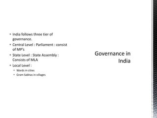  India follows three tier of
governance.
 Central Level : Parliament : consist
of MP’s
 State Level : State Assembly :
Consists of MLA
 Local Level :
 Wards in cities
 Gram Sabhas in villages
 