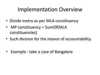 Implementation Overview
• Divide metro as per MLA constituency
• MP constituency = SumOf(MLA
  constituencies)
• Such division for the reason of accountability.

• Example : take a case of Bangalore
 