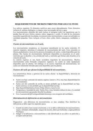 REQUERIMIENTO DE MICRONUTRIENTES POR LOS CULTIVOS
Los cultivos requieren 16 elementos nutritivos para crecer adecuadamente. Estos elementos
incluyen al carbono, hidrógeno, y oxígeno, estos son tomados del aire y agua.
Los macronutrientes obtenidos del suelo incluye al nitrógeno (salvo las leguminosas que lo
pueden fijar del aire), fósforo, potasio, calcio, magnesio, y azufre. El resto de los elementos
esenciales requeridos por las plantas, se conocen como micronutrientes, ya que son utilizados en
cantidades pequeñas. Estos incluyen, al boro, cloro, cobre, hierro, manganeso, molibdeno, y
zinc.

Fuentes de micronutrientes en el suelo.

Los micronutrientes inorgánicos, se encuentran naturalmente en los suelos minerales. El
material originario, determina el contenido de micronutrientes del suelo. Estos minerales se
liberan gradualmente a través de los procesos formadores de suelos, y están disponibles para las
plantas. Dos fuentes de micronutrientes fácilmente disponibles se encuentran en el suelo:
nutrientes que se adsorben a los coloides del suelo, y nutrientes que forman sales disueltas en la
solución del suelo.
La materia orgánica es una fuente secundaria importante de micronutrientes. Muchos
micronutrientes están formando compuestos orgánicos, los cuales no están rápidamente
disponibles para las plantas. Sin embargo es un recurso importante de micronutrientes, los
cuales son lentamente liberados para estar disponibles para las plantas.

Factores del suelo que afectan la disponibilidad de micronutrientes.

Las características físicas y químicas de los suelos afectan la disponibilidad y absorción de
micronutrientes:

•   Suelos con bajo contenido de materia orgánica (menor a 2%), muy baja disponibilidad de
    micronutrientes.
•   Suelos con alto contenido de arcilla, es menos probable que la disponibilidad sea baja.
    Suelos arenosos es más probable que la disponibilidad sea baja.
•   Baja disponibilidad hídrica limita el flujo difusivo, hacia la raíz.
•   Temperatura y humedad de suelo. Suelos fríos y muy húmedos reducen la tasa y la cantidad
    de micronutrientes que pueden absorber las plantas.
•   Con el aumento del pH la disponibilidad disminuye, con excepción del molibdeno.

Determinación de deficiencias en micronutrientes

Diagnosticar una deficiencia de micronutrientes, es muy complejo. Para identificar las
deficiencias se debe seguir los siguientes pasos.

1. Cuando un cultivo tiene escaso crecimiento, y no se debe a deficiencias de macronutrientes,
   sequía, salinidad, enfermedades, ataques de insectos, daños por herbicidas o algún problema
   fisiológico.
2. Indagar si la deficiencia a micronutrientes a sido identificada en un cultivo en particular y
   en algún suelo del área.
 