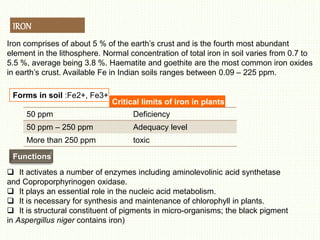 IRON
Iron comprises of about 5 % of the earth’s crust and is the fourth most abundant
element in the lithosphere. Normal concentration of total iron in soil varies from 0.7 to
5.5 %, average being 3.8 %. Haematite and goethite are the most common iron oxides
in earth’s crust. Available Fe in Indian soils ranges between 0.09 – 225 ppm.
Forms in soil :Fe2+, Fe3+
Critical limits of iron in plants
50 ppm Deficiency
50 ppm – 250 ppm Adequacy level
More than 250 ppm toxic
Functions
 It activates a number of enzymes including aminolevolinic acid synthetase
and Coproporphyrinogen oxidase.
 It plays an essential role in the nucleic acid metabolism.
 It is necessary for synthesis and maintenance of chlorophyll in plants.
 It is structural constituent of pigments in micro-organisms; the black pigment
in Aspergillus niger contains iron)
 