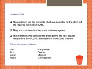 Micronutrients are the elements which are essential for the plant but
are required in small amounts.
 They are constituents of enzymes and co-enzymes.
 The micronutrients essential for green plants are iron, copper,
manganese, boron, zinc, molybdenum ,nickel, and chlorine.
micronutrients
Different Micronutrientsavailable are
Iron Manganese
Zinc Copper
Boron Chlorine
Nickel Molybdenum
 