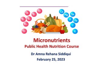 Micronutrients
Public Health Nutrition Course
Dr Amna Rehana Siddiqui
February 25, 2023
 