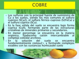    Los sulfuros son la principal fuente de suministro de
    Cu a los suelos, siendo los más comunes el sulfuro
    cuproso (SCu2), el sulfuro férrico-cuproso (S2FeCu) y
    el sulfuro cúprico (SCu).
   En la fase sólida del suelo se encuentra bajo forma
    cúprica (CuII), formando parte de las estructuras
    cristalinas de minerales primarios y secundarios.
   En menor porcentaje se encuentra en la materia
    orgánica, fijadocomo catión intercambiable al
    complejo coloidal arcilloso.
   En     la   solución    del   suelo    se   encuentra
    fundamentalmente comou2+ y formando complejos
    estables con las sustancias húmicasdel suelo
 