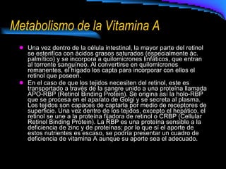 Metabolismo de la Vitamina A Una vez dentro de la célula intestinal, la mayor parte del retinol se esterifíca con ácidos grasos saturados (especialmente ác. palmítico) y se incorpora a quilomicrones linfáticos, que entran al torrente sanguíneo. Al convertirse en quilomicrones remanentes, el hígado los capta para incorporar con ellos el retinol que poseen. En el caso de que los tejidos necesiten del retinol, este es transportado a través de la sangre unido a una proteína llamada APO-RBP (Retinol Binding Protein). Se origina así la holo-RBP que se procesa en el aparato de Golgi y se secreta al plasma. Los tejidos son capaces de captarla por medio de receptores de superficie. Una vez dentro de los tejidos, excepto el hepático, el retinol se une a la proteína fijadora de retinol o CRBP (Cellular Retinol Binding Protein). La RBP es una proteína sensible a la deficiencia de zinc y de proteínas; por lo que sí el aporte de estos nutrientes es escaso, se podría presentar un cuadro de deficiencia de vitamina A aunque su aporte sea el adecuado. 