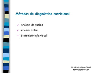 Métodos de diagnóstico nutricional


    Análisis de suelos
    Análisis foliar
    Sintomatología visual




                                     Lic MSci Silvana Torri
                                       torri@agro.uba.ar
 