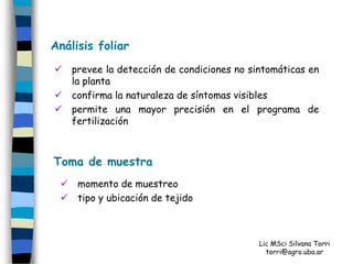 Análisis foliar
 prevee la detección de condiciones no sintomáticas en
  la planta
 confirma la naturaleza de síntomas visibles
 permite una mayor precisión en el programa de
  fertilización



Toma de muestra
  momento de muestreo
  tipo y ubicación de tejido



                                          Lic MSci Silvana Torri
                                            torri@agro.uba.ar
 