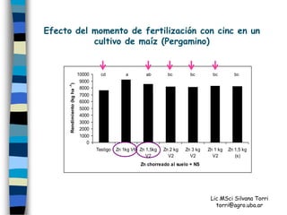 Efecto del momento de fertilización con cinc en un
           cultivo de maíz (Pergamino)


                              10000     cd          a        ab        bc        bc        bc         bc
                               9000
     Rendimiento (kg ha -1)


                               8000
                               7000
                               6000
                               5000
                               4000
                               3000
                               2000
                               1000
                                  0
                                      Testigo   Zn 1kg V6 Zn 1,5kg   Zn 2 kg   Zn 3 kg   Zn 1 kg   Zn 1,5 kg
                                                             V2        V2        V2        V2         (s)
                                                          Zn chorreado al suelo + NS




                                                                                          Lic MSci Silvana Torri
                                                                                            torri@agro.uba.ar
 