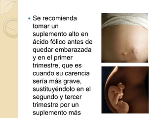    Se recomienda
    tomar un
    suplemento alto en
    ácido fólico antes de
    quedar embarazada
    y en el primer
    trimestre, que es
    cuando su carencia
    sería más grave,
    sustituyéndolo en el
    segundo y tercer
    trimestre por un
    suplemento más
 