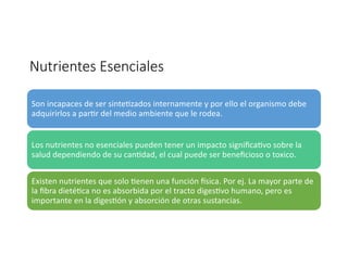 Nutrientes Esenciales
Son incapaces de ser sinte.zados internamente y por ello el organismo debe
adquirirlos a par.r del medio ambiente que le rodea.
Los nutrientes no esenciales pueden tener un impacto signiﬁca.vo sobre la
salud dependiendo de su can.dad, el cual puede ser beneﬁcioso o toxico.
Existen nutrientes que solo .enen una función @sica. Por ej. La mayor parte de
la ﬁbra dieté.ca no es absorbida por el tracto diges.vo humano, pero es
importante en la diges.ón y absorción de otras sustancias.
 