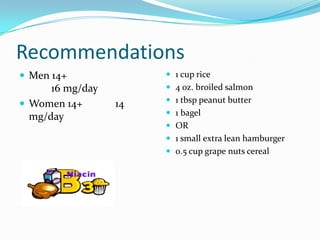 Recommendations
 Men 14+
16 mg/day
 Women 14+ 14
mg/day
 1 cup rice
 4 oz. broiled salmon
 1 tbsp peanut butter
 1 bagel
 OR
 1 small extra lean hamburger
 0.5 cup grape nuts cereal
 