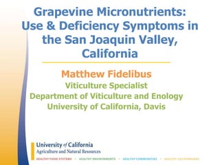 Grapevine Micronutrients:
Use & Deficiency Symptoms in
the San Joaquin Valley,
California
Matthew Fidelibus
Viticulture Specialist
Department of Viticulture and Enology
University of California, Davis
 