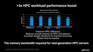 • Micron Confidential
• Micron Confidential
Improve HPC efficiency
Reduce overall runtime of HPC simulations
Increase desi...