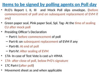 Items to be signed by polling agents on Poll day
• Pr.O’s Report I, II, III and Mock Poll slips envelope. (before
commencement of poll and on subsequent replacement of EVM if
any)
• Green paper seal, Pink paper Seal, Spl. Tag- At the time of sealing
CU after mock poll
• Presiding Officer’s Declaration
– Part-I: before commencement of poll
– Part-II: on subsequent replacement of EVM if any
– Part-III: At end of poll
– Part-IV: After sealing of EVM
• 17A- In case of Test Vote is cast u/r 49MA
• 17A- after close of poll, below PrO’s signature
• 17C Part-I (after poll)
• Movement sheet as and when applicable
 