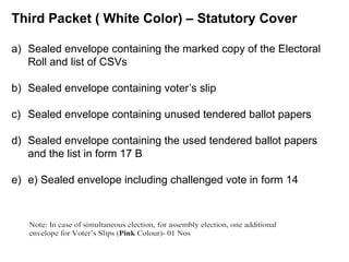 Third Packet ( White Color) – Statutory Cover
a) Sealed envelope containing the marked copy of the Electoral
Roll and list of CSVs
b) Sealed envelope containing voter’s slip
c) Sealed envelope containing unused tendered ballot papers
d) Sealed envelope containing the used tendered ballot papers
and the list in form 17 B
e) e) Sealed envelope including challenged vote in form 14
 