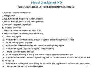 Model Checklist of MO
21
Part-4. MODEL CHECK LIST FOR MICRO OBSERVERS, 2009(ECI)
1. Name of the Micro Observer
2. Designation
3. No. & Name of the polling station allotted
4. Date & time of arrival at the polling station
5. Name of the presiding officer
6. Total No. of voters
7. Whether mock poll was conducted (Y/N)
8. Whether mock poll result was cleared (Y/N)
9. Time of mock poll
10. Whether EVM ID/Machine No. shown to agents by Presiding Officer? (Y/N)
11. No. of polling agents present
12. Whether any party (candidate) not represented by polling agent
13. Whether entry pass system for Agents followed (Y/N)
14. Time of commencement of poll
15. No. of people standing at the queue at the time of commencement of poll
16. Whether voters were identified by verifying EPIC or other valid documents before permitted
to vote (Y/N)
17. Whether the polling staff were filling details in the 17A register with reference to each voter
18. The time of first visit by the sector officer
 