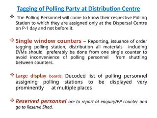 Tagging of Polling Party at Distribution Centre
 The Polling Personnel will come to know their respective Polling
Station to which they are assigned only at the Dispersal Centre
on P-1 day and not before it.
 Single window counters – Reporting, issuance of order
tagging polling station, distribution all materials including
EVMs should preferably be done from one single counter to
avoid inconvenience of polling personnel from shuttling
between counters.
 Large display boards: Decoded list of polling personnel
assigning polling stations to be displayed very
prominently at multiple places
 Reserved personnel are to report at enquiry/PP counter and
go to Reserve Shed.
 