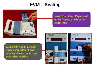 EVM – Sealing
Insert the Green Paper seal
in the frames provided for
both Result
Close the Result Section
inner compartment door
with the Green paper seal
protruding outside
 