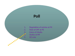 Poll
1. Regulation of entries at PS
2. Role of CPF at PS
3. Entry of Media
4. Duties of PP
5. ED vote
 