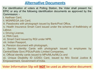 Alternative Documents
Voter Information Slip will NOT be used as alternative document
For identification of voters at Polling Station, the Voter shall present his
EPIC or any of the following identification documents as approved by the
Commission: -
i. Aadhaar Card,
ii. MGNREGA Job Card,
iii. Passbooks with photograph issued by Bank/Post Office,
iv. Health Insurance Smart Card issued under the scheme of theMinistry of
Labour,
v. Driving License,
vi. PAN Card,
vii. Smart Card issued by RGI under NPR,
viii. Indian Passport,
ix. Pension document with photograph,
x. Service Identity Cards with photograph issued to employees by
Central/State Govt./PSUs/Public Limited Companies,
xi. Official identity cards issued to MPs/MLAs/MLCs and
xii. Unique Disability ID (UDID) Card, issued by M/o Social Justice &
Empowerment, Government of India.
 