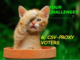YOUR
CHALLENGES
…………………?
7. VOTERS
HESITATED TO
VOTE.
 