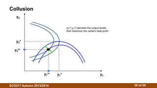 Collusion 
y2 
(y1 
m,y2 
m) denotes the output levels 
that maximize the cartel’s total profit. 
y1* y1 
y2* 
y2 
m 
y1 
m 
ECO217 Autumn 2013/2014 20 of 29 
 
